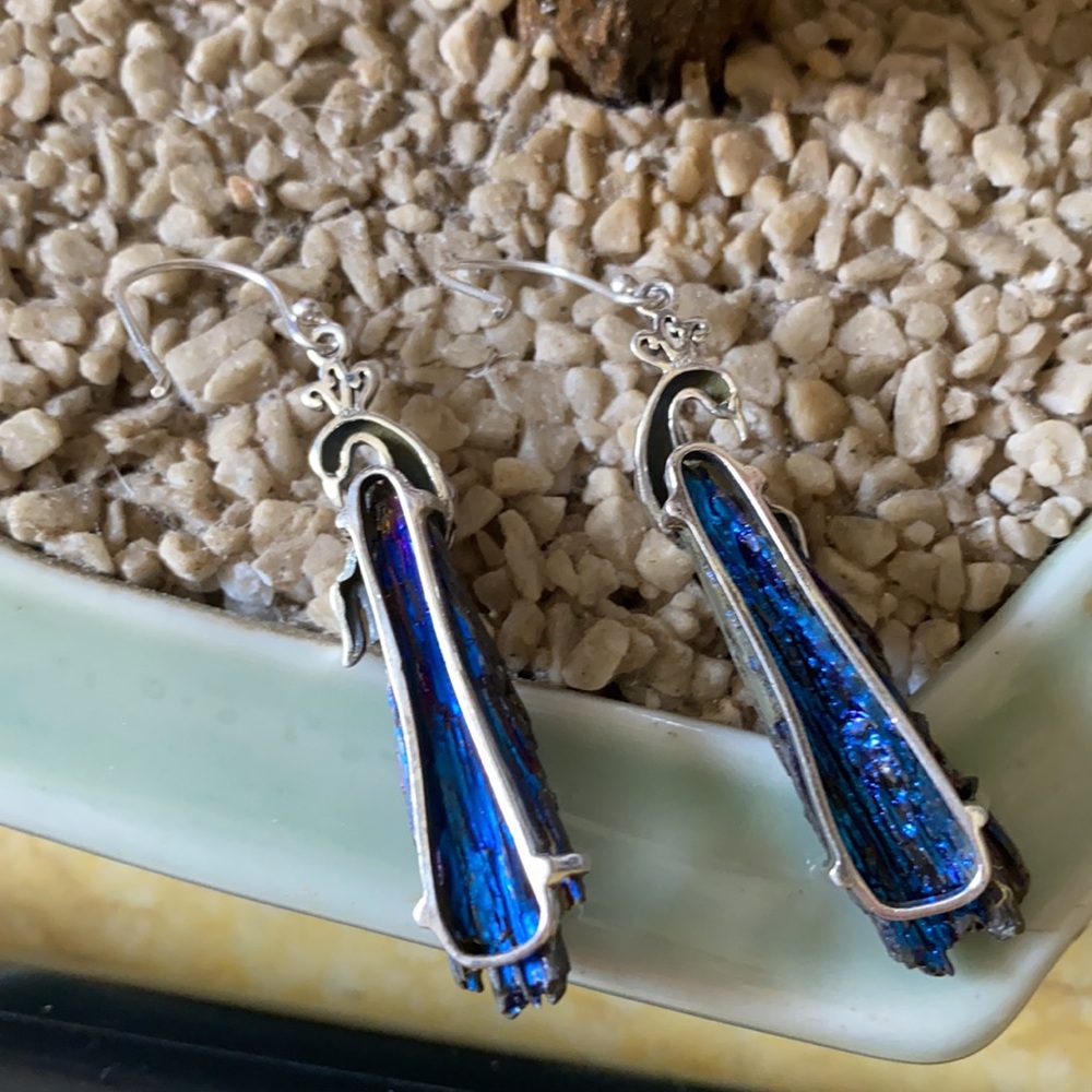Vintage 925 aura rainbow kyanite peacock earring - Picture 4 of 6